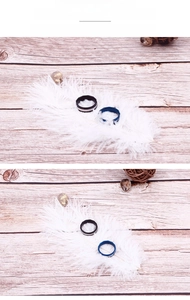 Macro detail of two-tone stainless steel rings with black and blue plating on white feathers