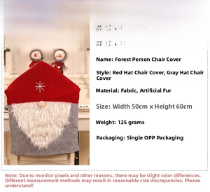 Detailed view of forest gnome Christmas chair cover showing 50x60cm dimensions and fabric