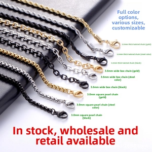 Detail view of 3.0mm and 3.6mm stainless steel chains with lobster clasps in various colors