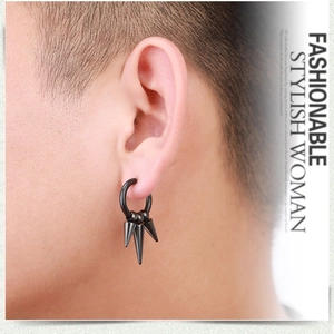 Punk style black stainless steel hoop earring with three conical spikes for men and women