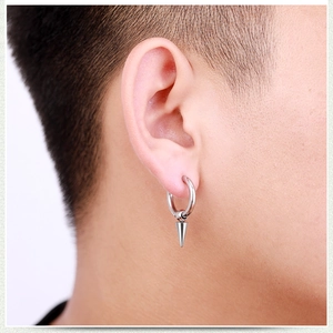 Polished stainless steel hoop earring with a sleek cone spike pendant for men