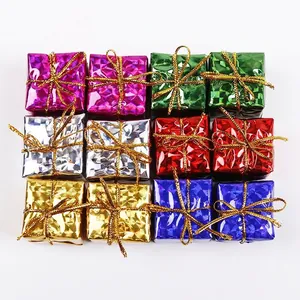 Set of 12 colorful mini laser gift boxes with gold strings for Christmas tree decoration