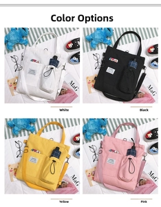 Detail showing solid color canvas tote bags in white, black, yellow, and pink with pockets