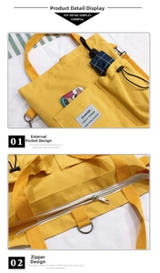 Detail view of yellow canvas tote bag showing zipper pockets and storage for umbrella