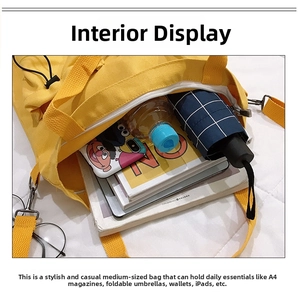 Interior view of the yellow canvas tote bag showing large capacity for daily items