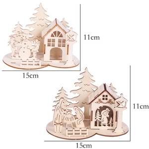 Detail of laser-cut wooden Christmas desktop decor featuring snowman and house scenes