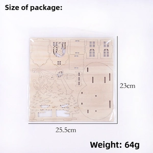 Flat lay of laser-cut wooden Christmas puzzle kit components with dimensions and weight