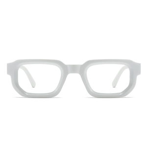 Detailed view of modern thick white rectangular sunglasses frame in minimalist style