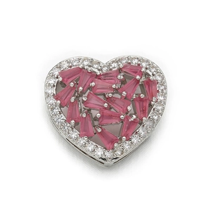 Detailed view of a silver heart connector pendant with pink zircons and clear gems