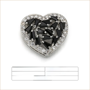 Detailed view of 15mm heart connector charm with black stones in rhodium-plated copper