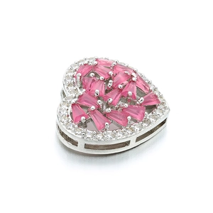 Silver heart pendant connector with pink trapezoidal gem and white zircon stones