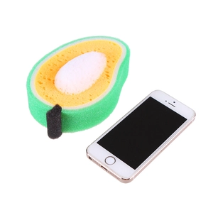 Fruit-shaped mango cleaning sponge thick multi-layer dishwashing scrubber shown with phone