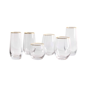 Set of 6 assorted egg-shaped crystal glass cups with elegant gold rim on white background