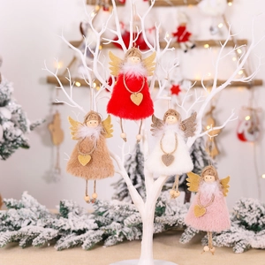 Christmas Angel Plush Pendant Hanging Ornament With Glitter Wings And Heart For Christmas Tree Decoration Holiday Home Decor