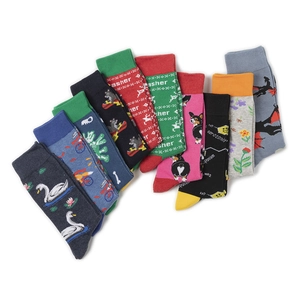 Colorful patterned cotton crew socks with novelty animal and chemistry designs for men and women