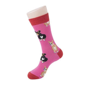 Detailed view of pink cotton crew socks featuring cute cartoon Corgi patterns and red trim