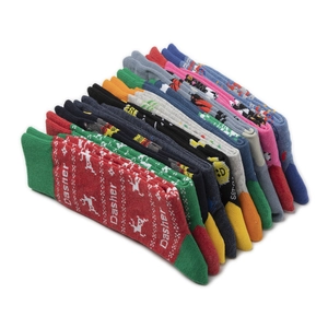 Collection of colorful Christmas themed cotton socks featuring festive cartoon patterns
