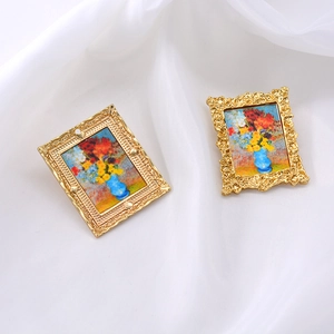 Vintage baroque gold frame brooches with miniature floral oil painting on white silk
