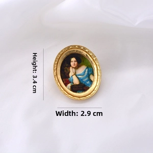 Macro detail of Baroque brooch with portrait painting showing dimensions 3.4cm by 2.9cm