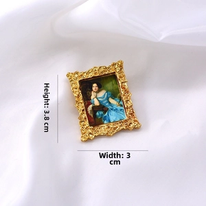 Baroque style gold-plated brooch with oil painting portrait, 3.8 cm by 3 cm size detail