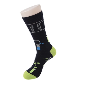 Detail showing navy blue socks with neon green accents and scientific lab equipment patterns