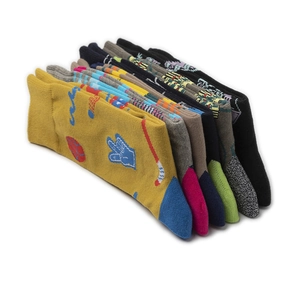 Multi-colored cotton crew socks with vibrant cartoon patterns in a stacked arrangement