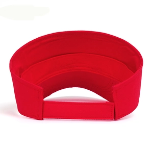 Rear view of a red open-top sun visor baseball hat with adjustable strap on white background