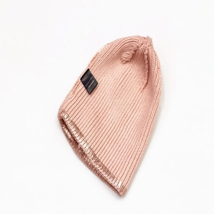 Pink metallic knit beanie for men and women featuring 100% acrylic laser sequin finish