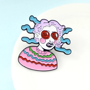 Cartoon enamel pin of girl with purple wavy hair and red swirl glasses on white plate