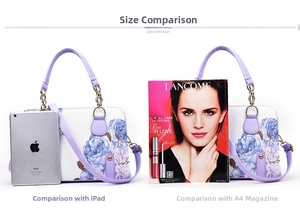 Floral shell bag size comparison showing spacious interior with iPad and magazine