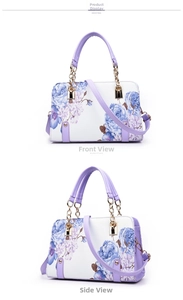 Front and side views of white floral handbag with lavender straps and gold chains