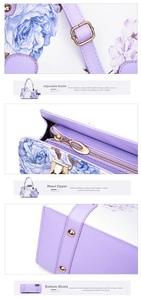 Detail show of adjustable shoulder strap buckle and zipper on floral shell bag