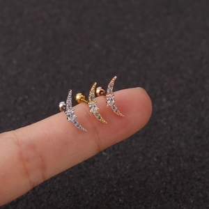 Three crescent moon zircon cartilage earrings in silver, gold, and rose gold finishes