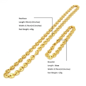 Golden coffee bean link chain set with necklace and bracelet in polished finish