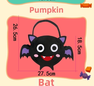 Halloween felt bat candy bag with dimensions showing width 27.5cm and height 26.5cm