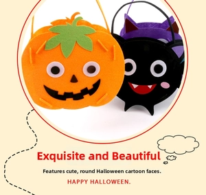 Detail of DIY Halloween felt candy bags featuring pumpkin and black cat designs