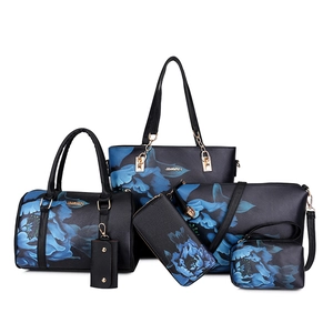 5-piece black handbag set with blue floral graffiti prints and golden metal logo