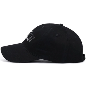 Classic black cotton baseball cap with white 3D letter embroidery and curved brim