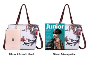 White tote bag with red plum print shown next to an iPad and A4 magazine for scale