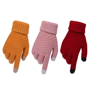Detailed view of knitted touchscreen gloves in orange, pink, and burgundy with ribbed cuffs