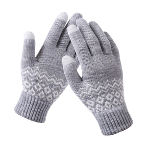 Winter thermal knit gloves with grey and white geometric jacquard pattern for women