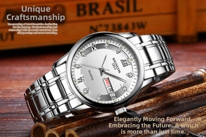 Detail of KIGNUOS mens watch with diamond hour markers and dual calendar display dial