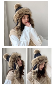 Three-view detail of women's knitted trapper hat with faux fur lining and plush pom-poms