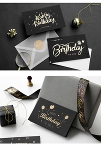 Schwarze goldene Heissfolienpraegung Geburtstagskarte Detailansicht, elegantes Briefpapier-Set.