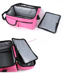 Detail of insulated lunch bag with detachable divider and grey thermal lining