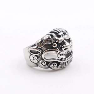 Vintage stainless steel Kirin punk ring for men featuring detailed mythical beast carving