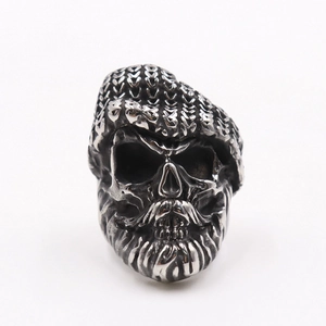 Retro stainless steel bearded skull ring with textured knit hat in gothic vintage silver style
