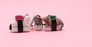 Detailed view of three cute cat sushi pendants with resin texture and metal keychains