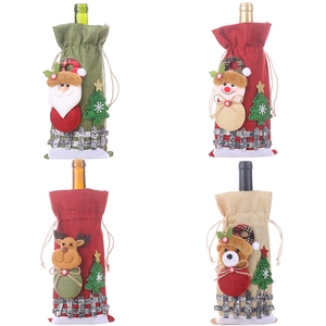 Housses de bouteille de vin Noël en toile de jute avec Père Noël bonhomme de neige renne