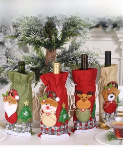 Christmas burlap wine bottle covers featuring 3D Santa, Snowman, Reindeer, and Bear designs